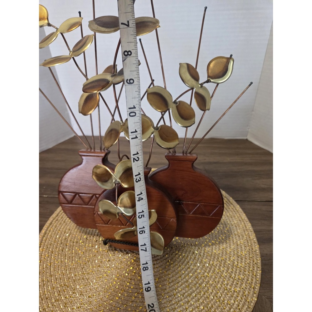 Vintage HOMCO Retro Brass Eucalyptus Leaves Sculpture Hopi Wood Planter - Picture 8 of 9